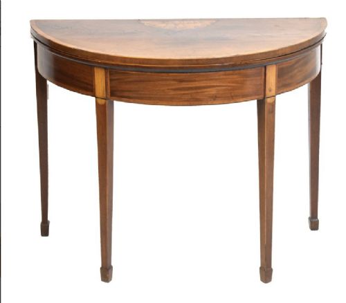 C18th Mahogany and Satinwood Crossbanded and Inlaid Demi Line Card Table