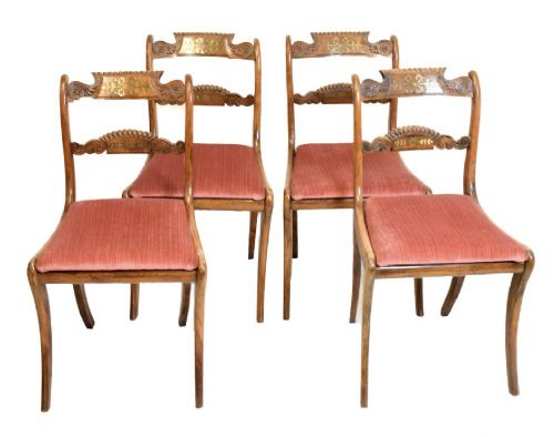 C1820-30 Set of Four Regency Faux Rosewood Brass Inlaid Beech Cane Seated Chairs