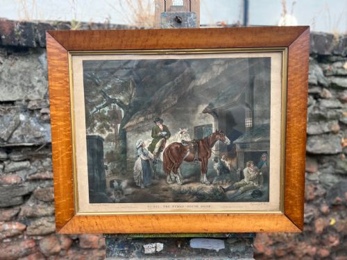 The Public House Door by G Morland Coloured Stipple Engraving in a Burr Maple Frame