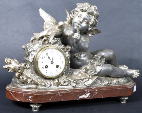 C19th Spelter and Rouge Marble Mantle Clock