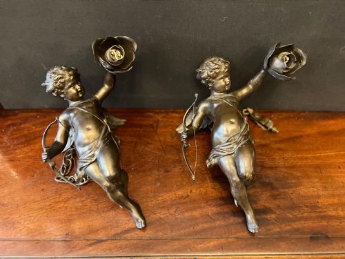 Pair of Bronze Cupids Modelled as Ceiling Lights