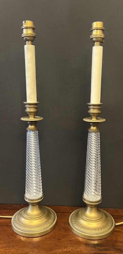 Pair of Empire Style Glass and Brass Table Lamps