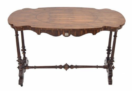 Victorian Yew Wood Serpentine Stretcher Table , Plaque Reads Made from the Old Yew Tree of Argo
mery 1862