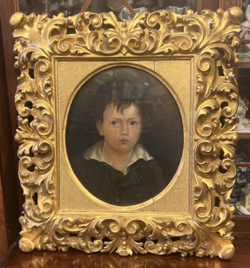 Georgian Portrait Oil on Canvas of a Young Boy in Carved Giltwood Frame