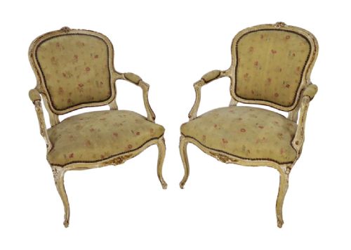 Pair of C19th French Fauteuil Armchairs with Old Floral Fabric