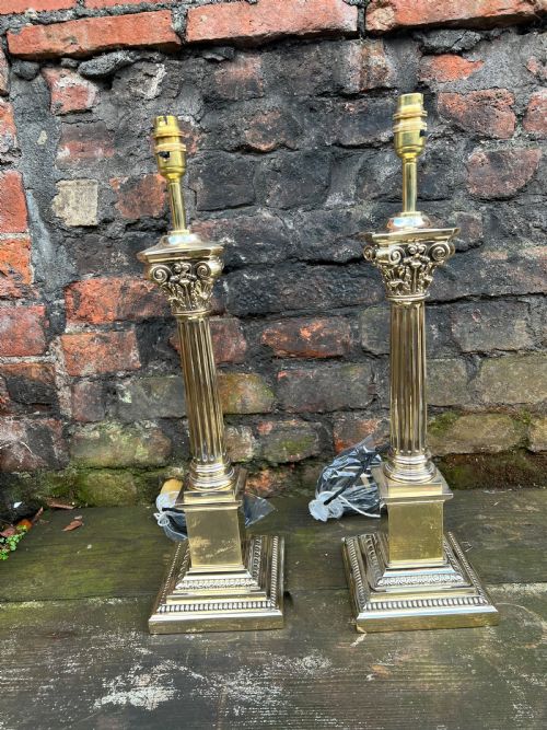 A Large Size Pair of Brass Corinthian Column Table Lamps