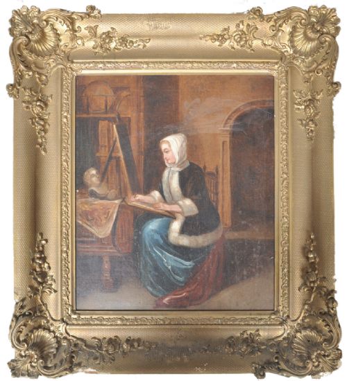 Oil Painting of “The Paintress “ After Pieter Van Der Zugeschrieben Werff  in a Swept Gilt Frame