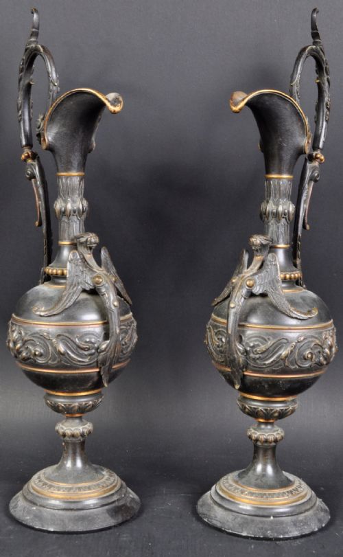 Large Pair of Bronze and Gilt Ewers