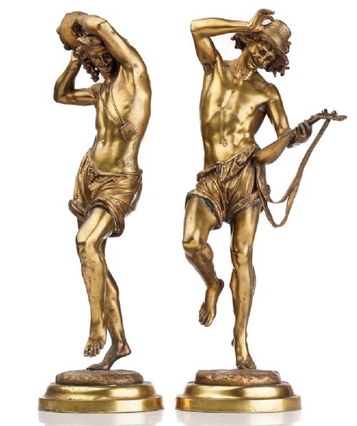 ALBERT ERNEST CARRIERBELLEUSE 1824 1887 A PAIR OF GILT BRONZE FIGURES OF NEAPOLITAN MUSICIANS PLAYING THE LUTE AND A TAMBOURINE