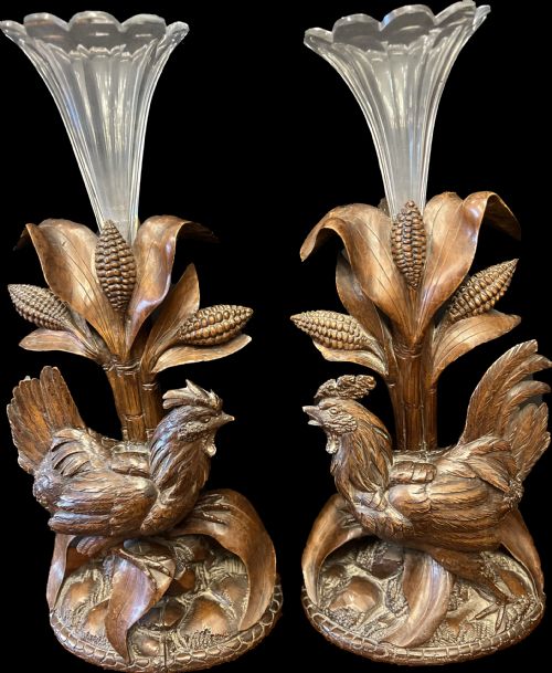 Pair of Black Forest Epergnes with Carved Chickens