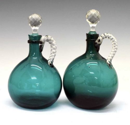 C19th Pair of Bristol Green Glass Carafes and Stoppers