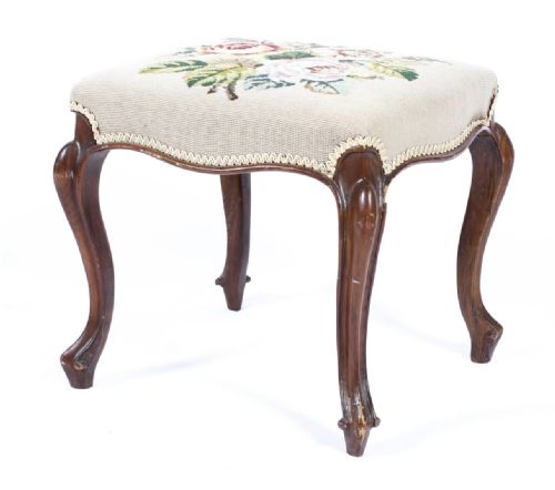 A Victorian Needlework Stool, of Serpentine Form, on Carved Walnut Cabriole Legs