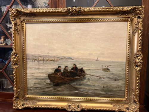 John Chalmers Active ( 1879-1893 ) Oil Painting on Canvas of Three Fishermen in a Boat West Coast of Aisla Craig