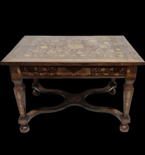 C19th Dutch Marquetry Table with X Framed Stretcher