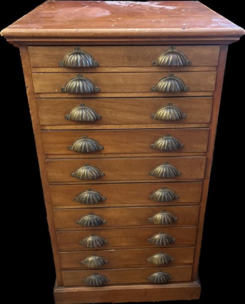 Tall Walnut Chest of 10 Drawers with Brass Cup Handles