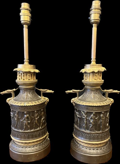 C19th Pair of Grand Tour Bronze and Ormolu Lamps