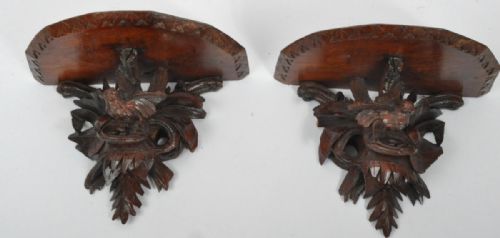 Pair of C19th Black Forest Carved Wall Brackets Depicting Birds in Foliage