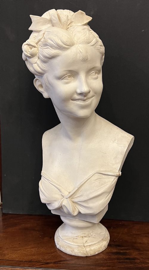 C1900 French Plaster Bust of a Young Woman Signed