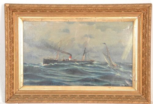 C19th Oil on Canvas Showing a Steamer Ship on High Seas