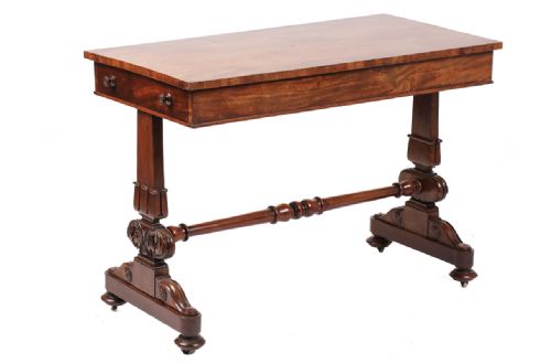 C19th Mahogany Side Table with Carved Stiles and Drawers Each Side