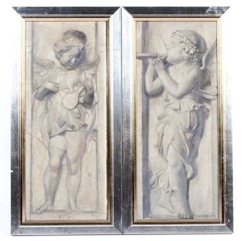 Pair of C19th Oil Paintings En Grisaille of Cherubs