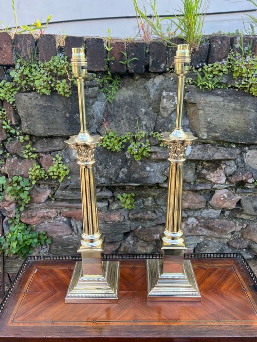 Pair of Brass Corinthian Column Lamps