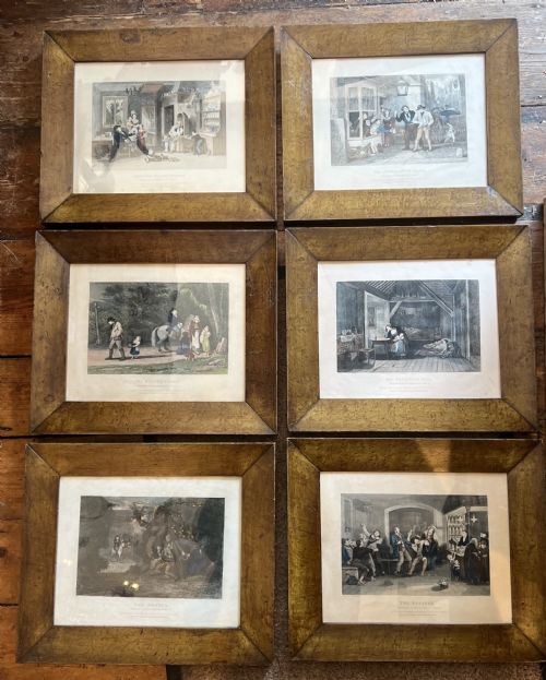 Set of Six Antique Stipple Engravings of the Progress of Intemperance in Faux Maple Painted Frames