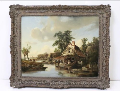 C19th Oil Painting on Canvas Showing  Women Washing  Laundry