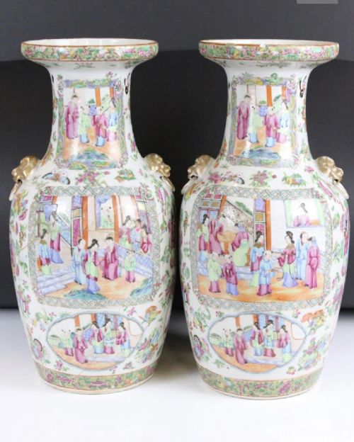 A Pair of Cantonese Baluster Vases Decorated in the Rose Medallion or Famille Rose Pattern