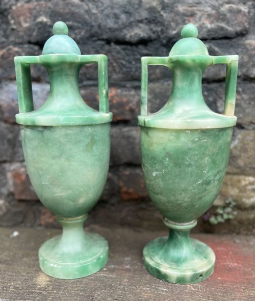 A Pair of Jade Green Classical Alabaster Urns