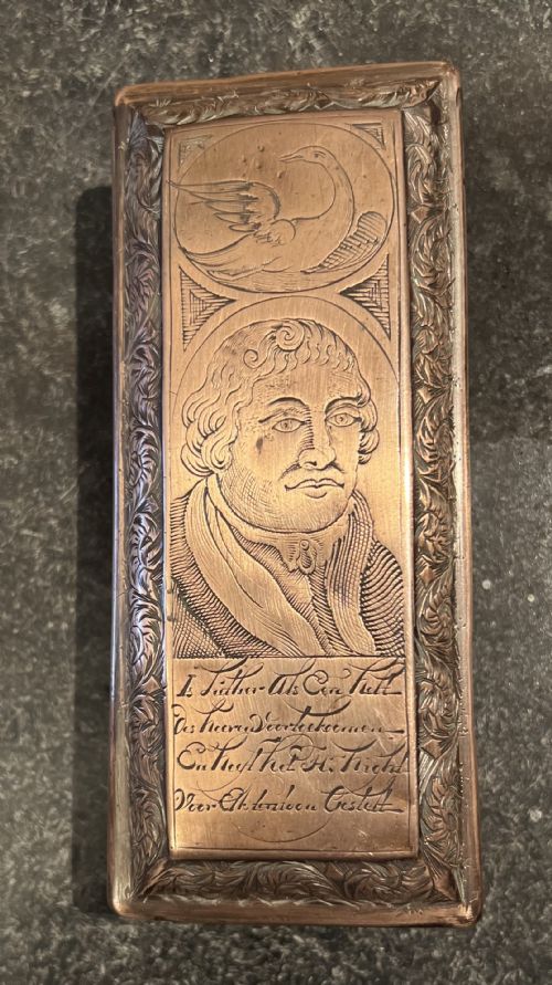 Late C17th Copper Dutch Tobacco Box Depicting Calvin and Luther