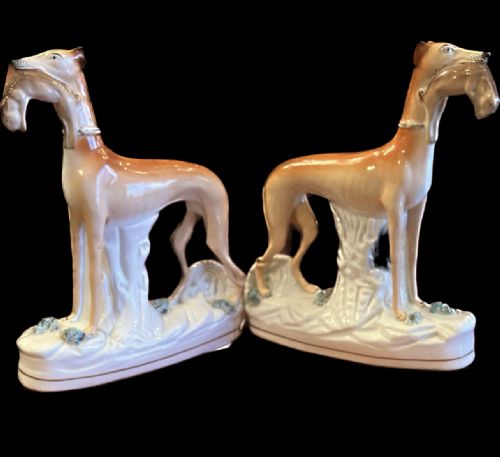 Pair of Large Staffordshire Greyhounds with Hares in Their  Mouths