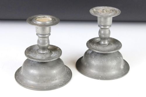 A Pair of 17th Century Style Pewter Candle Sticks of Low Bell Form