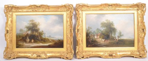 Pair of Oil Paintings by Edward Williams (1782-1855 ) of Rural Landscapes in Swept Gilt Frames