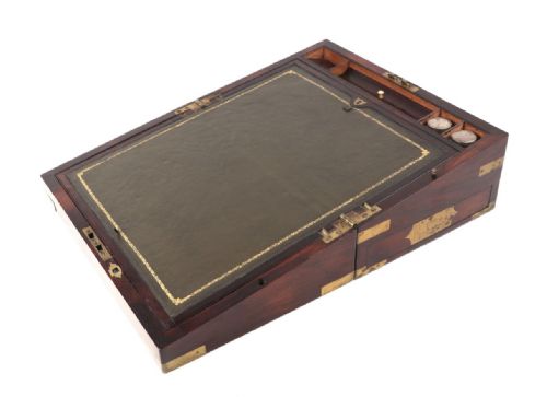 fig 1. C19th rosewood brass bound writing slope with makers label for Haynes of london