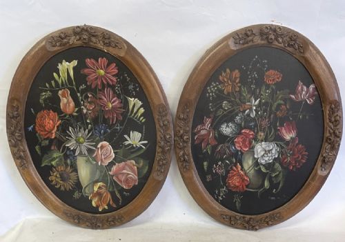 A Pair of Oil Paintings of Still Life’s on Board in a Wood and Gesso Oval Frame