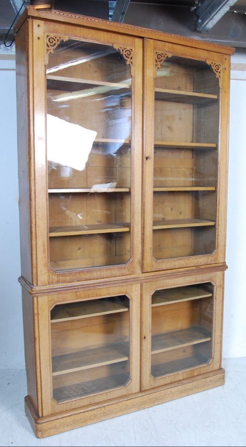 A Large Victorian Light Oak Library Bookcase Cabinet