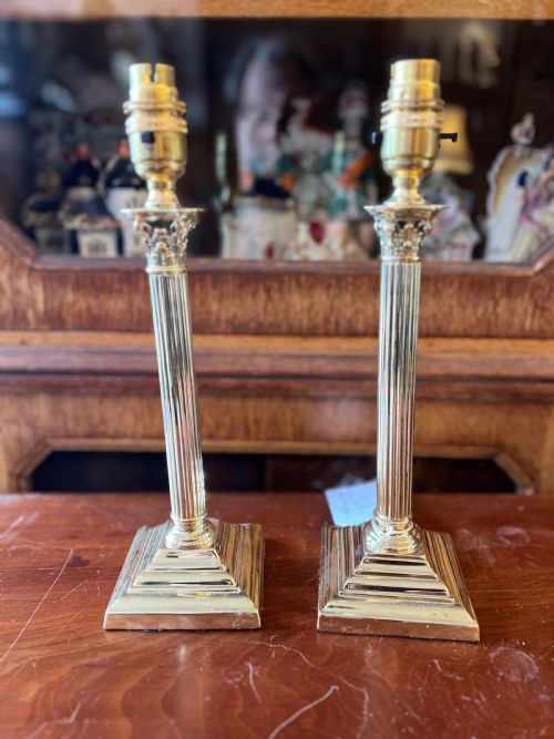 Pair of Small Brass Corinthian Lamps