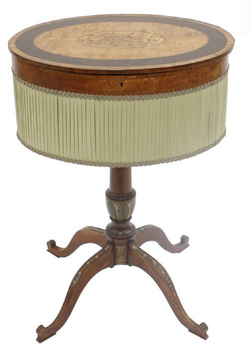 C19th Satinwood Sheraton Revival Painted Satinwood Oval Work Table