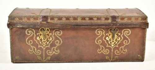 C18th European Leather and Studded Dome Top Trunk