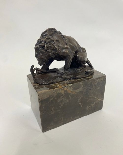 Lion and Serpent Bronze Sculpture After Louis Carvin (1875-1951) on Marble Base