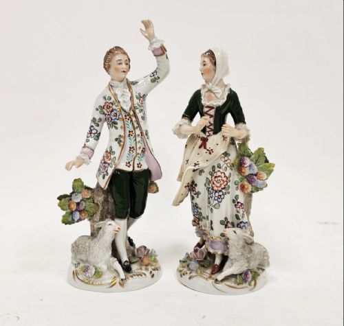 C19th Pair of Sitzendorf Figurines of a Shepherd and Companion