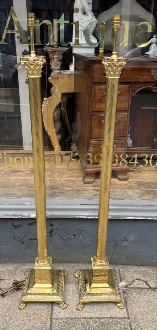 Pair of Brass Corinthian Column Standard Lamps