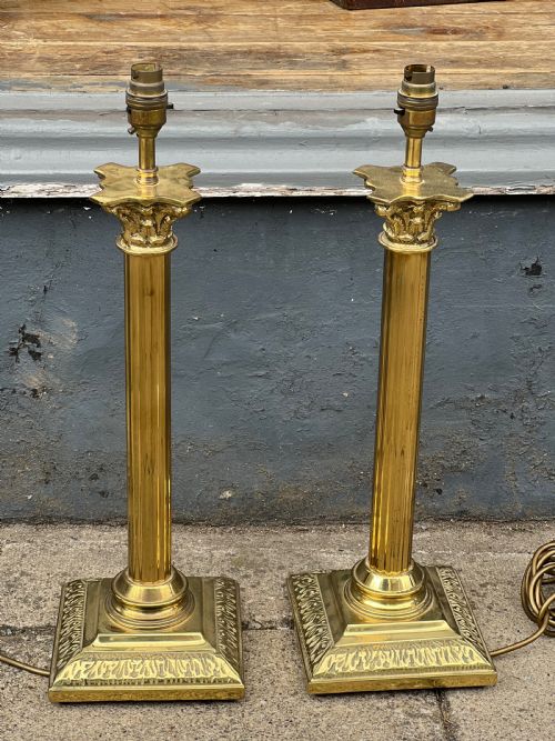 Pair of Brass Corinthian Column Table Lamps