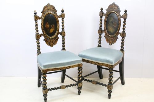Pair of Papier Mache Hall Chairs with Gilt and Painted Decoration in the Manner of Jennens and Betteridge