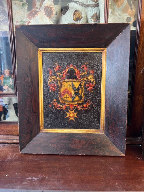 Hand Painted Crested Door Panel Segment Mounted in Faux Rosewood Frame