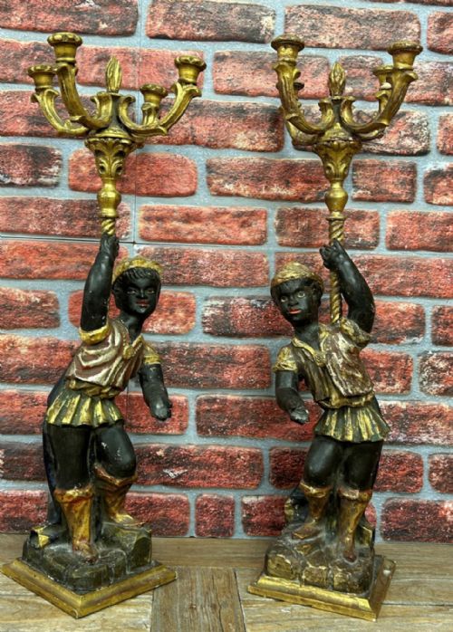 Pair of Carved Polychrome Blackamoor Candelabra