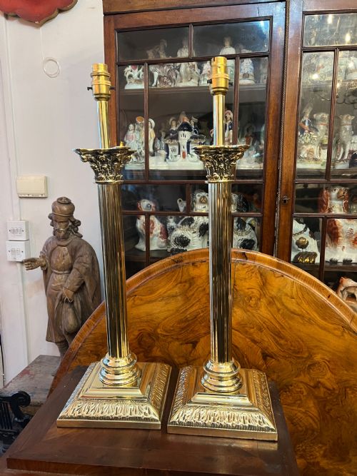 Pair of Large Brass Corinthian Column Table Lamps