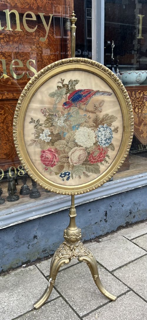 C19TH GILDED POLE SCREEN WITH LARGE OVAL EMBROIDERY - ADDITIONAL PHOTO 11