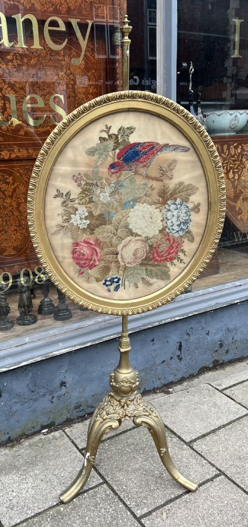 C19TH GILDED POLE SCREEN WITH LARGE OVAL EMBROIDERY - ADDITIONAL PHOTO 12